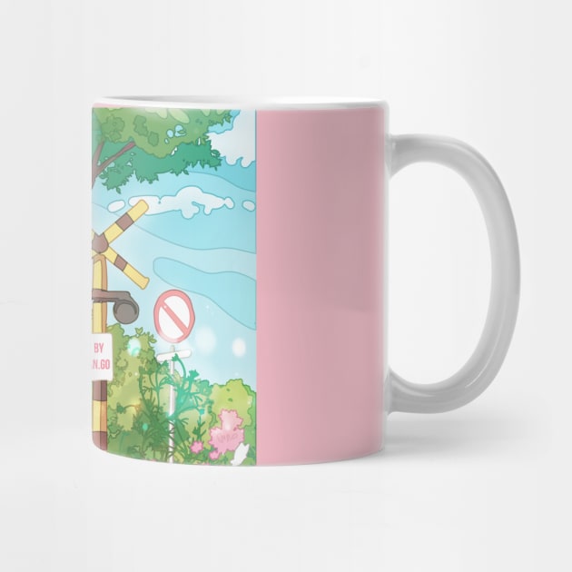 The cute Japanese landscape view with the traditional house, blue sky, and pink flowers. A great aesthetic  gift for those who love nature, Japan, anime and manga style by AnGo